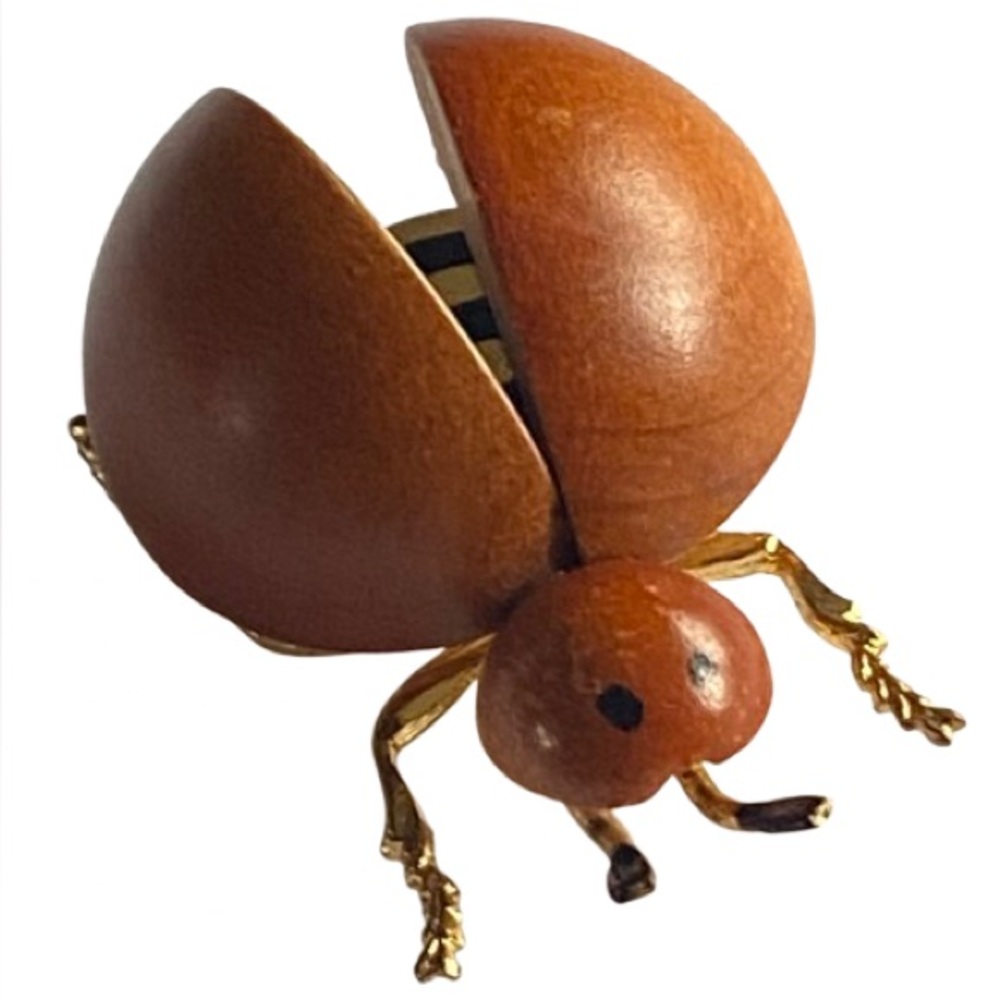 Vintage Wood & Gold Metal Ladybug Brooch Made in West Germany